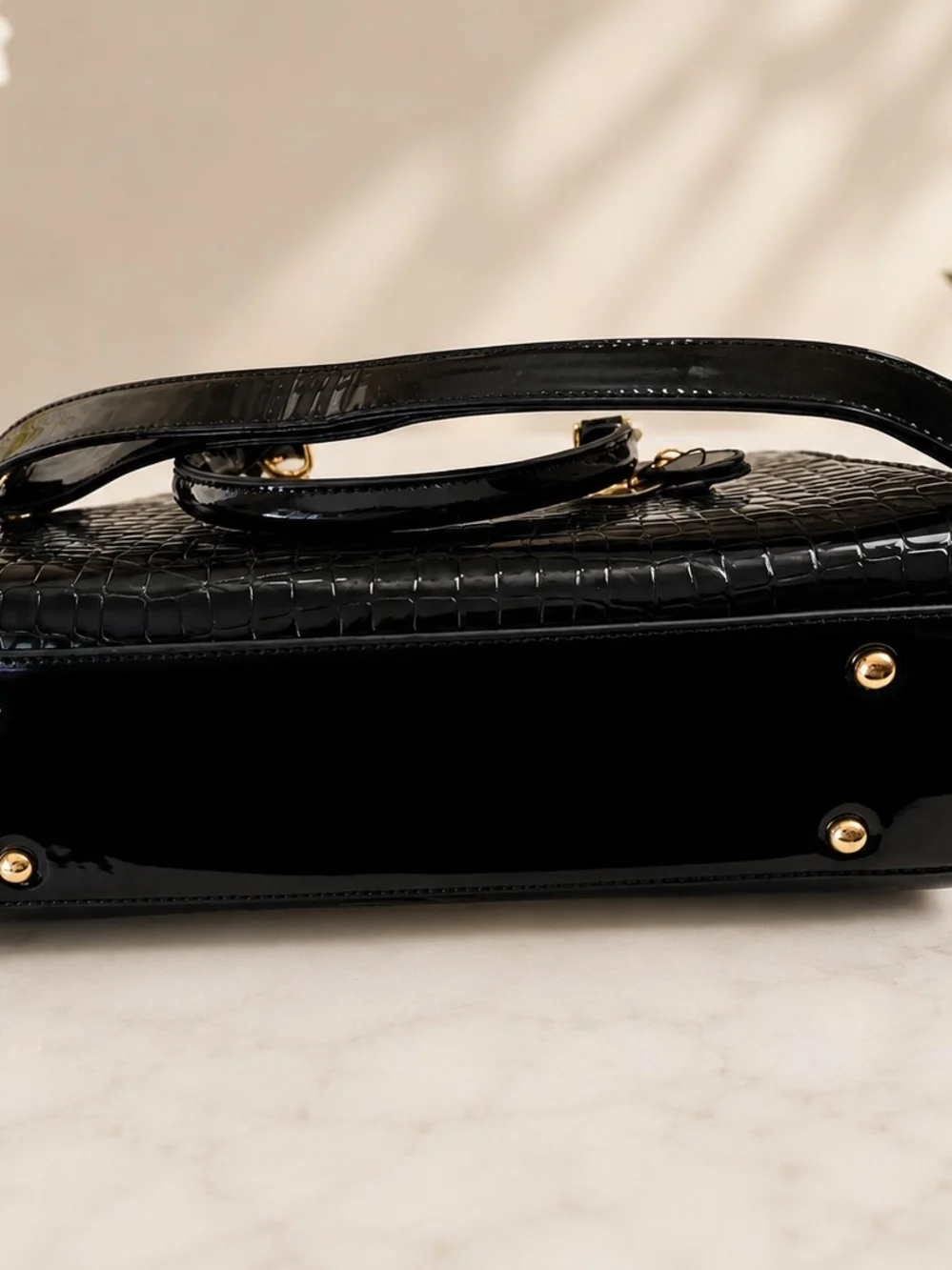 Julia & Michael Black & Ivory Patent Croc Rhinestone Bow Satchel Handbag